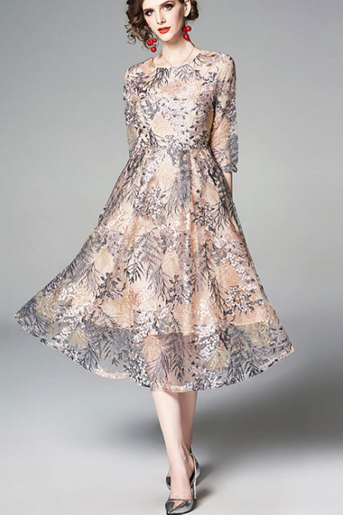 即日発送 Flare & Fit Lace Embroidered Sleeve ¾ Dress Lucas and Vicky – スーツ・フォーマル・ドレス