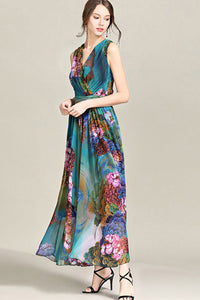 SLEEVELESS FLORAL SURPLICE DRESS