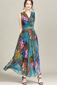 SLEEVELESS FLORAL SURPLICE DRESS