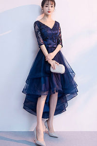Half Sleeve Embroidered Double V-neck Layered High LowTulle Formal Dress