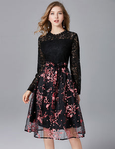 Long Sleeve Contrast Lace A-line Dress