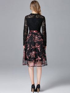 Long Sleeve Contrast Lace A-line Dress