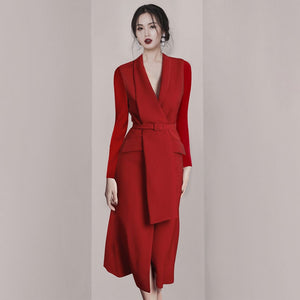Red Blazer-Collar Belted Midi Dress
