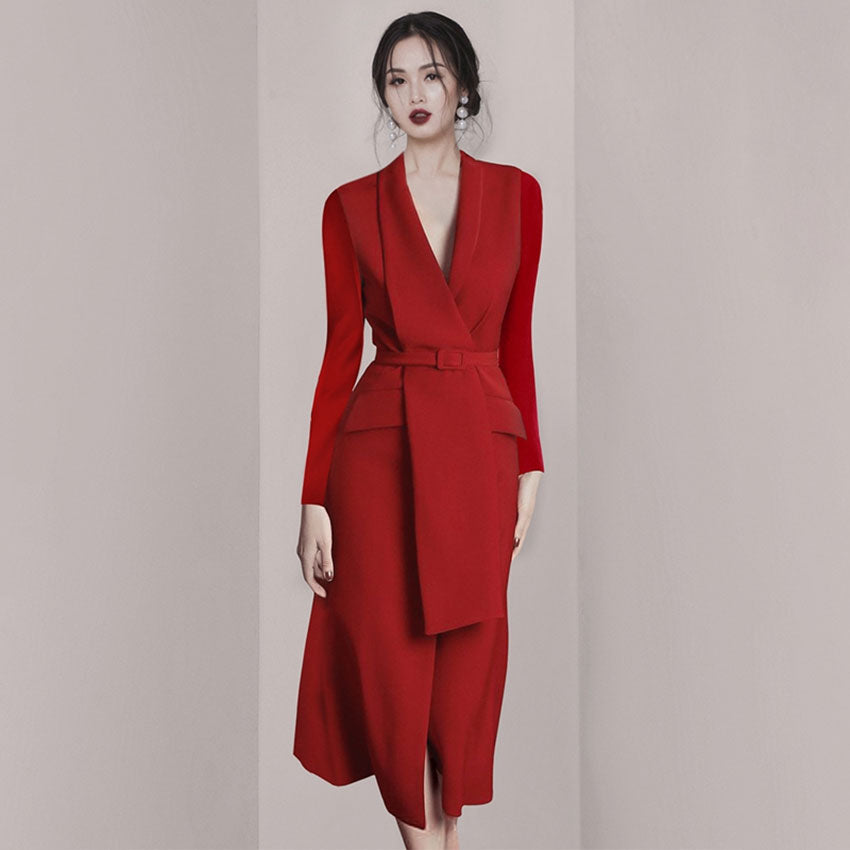 Red Blazer-Collar Belted Midi Dress