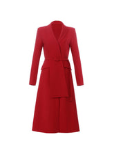 Red Blazer-Collar Belted Midi Dress