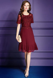 Embroidered Lace & Pleated Chiffon Contrast A-Line Dress