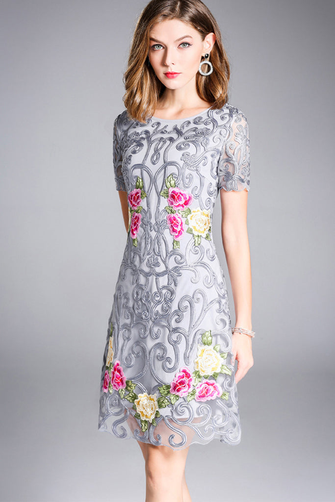 Short Sleeve Applique Embroidered Midi Dress