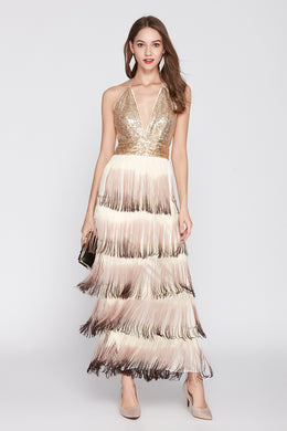 Sequin & Fringe Halter Gown