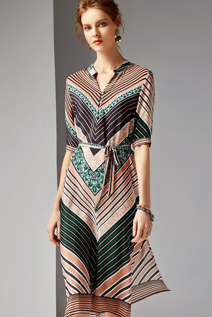 Half Sleeve V-Neck Silk Dress with Belt