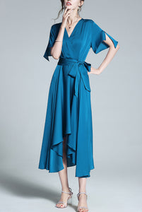 Dora Waist Belted Surplice High-low Silk Dress