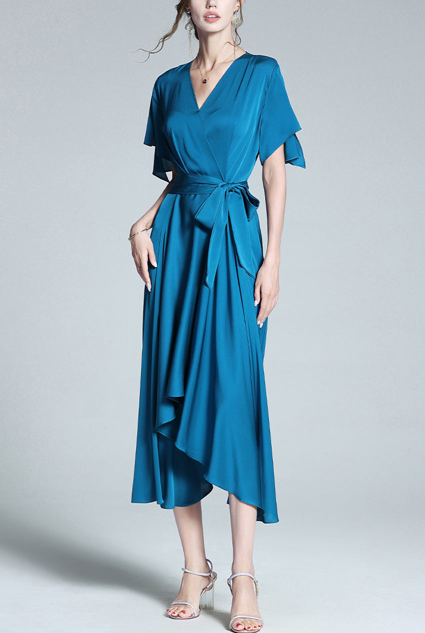 Dora Waist Belted Surplice High-low Silk Dress