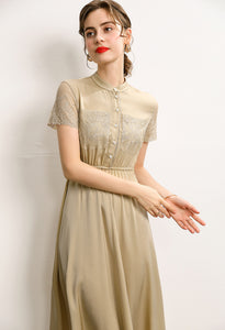 Nicola  Cap Sleeve Elastic Waist Embroidered Silk Dress