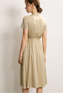 Nicola  Cap Sleeve Elastic Waist Embroidered Silk Dress