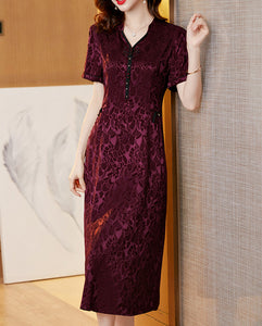 Azia V-neck Jacquard Pattern Midi Dress With Pocket