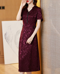 Azia V-neck Jacquard Pattern Midi Dress With Pocket
