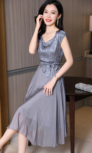 Falvey Cap Sleeve Waist Belted Contrast Fit&Flare Dress