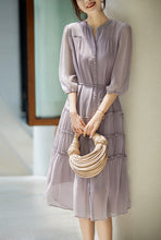 Yvonne Three Quarter Sleeve Button Down Waist Belted Silk Dress