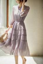 Yvonne Three Quarter Sleeve Button Down Waist Belted Silk Dress