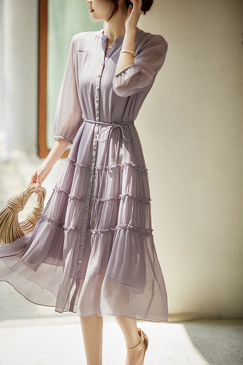 Yvonne Three Quarter Sleeve Button Down Waist Belted Silk Dress
