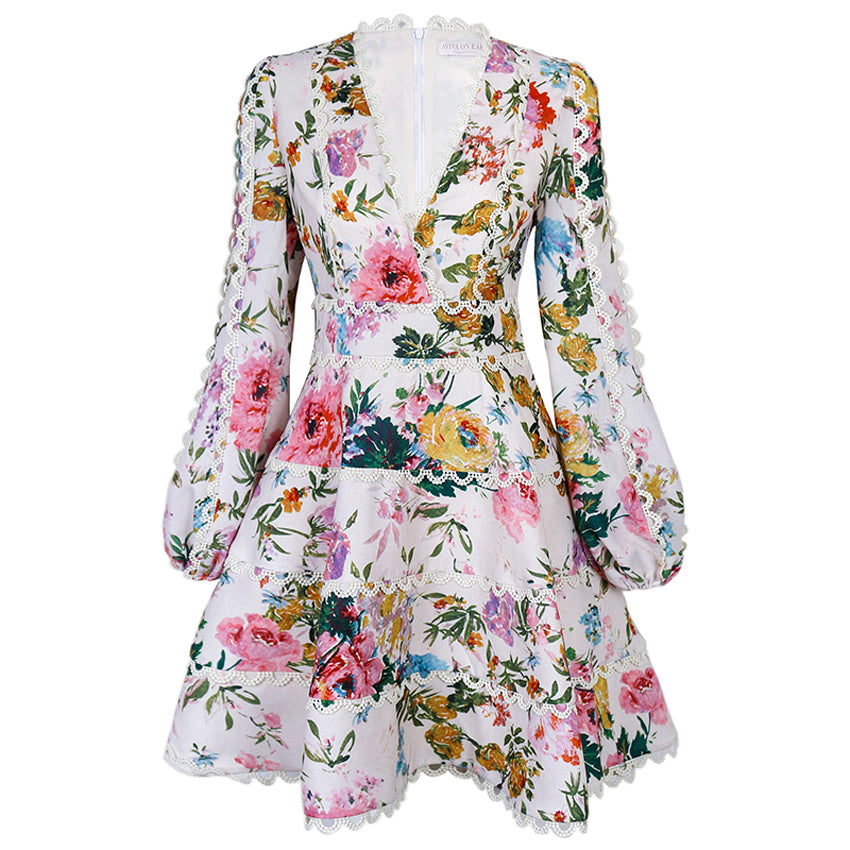 Aviva on Earth -Long Puff Sleeve Deep V-Neck Floral Fit & Flare