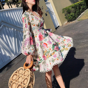 Aviva on Earth -Long Puff Sleeve Deep V-Neck Floral Fit & Flare Dress