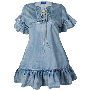 ruffle hem denim dress Aviva on Earth -Bandage Neck Ruffle Hem Denim Short Dress – Vicky and Lucas