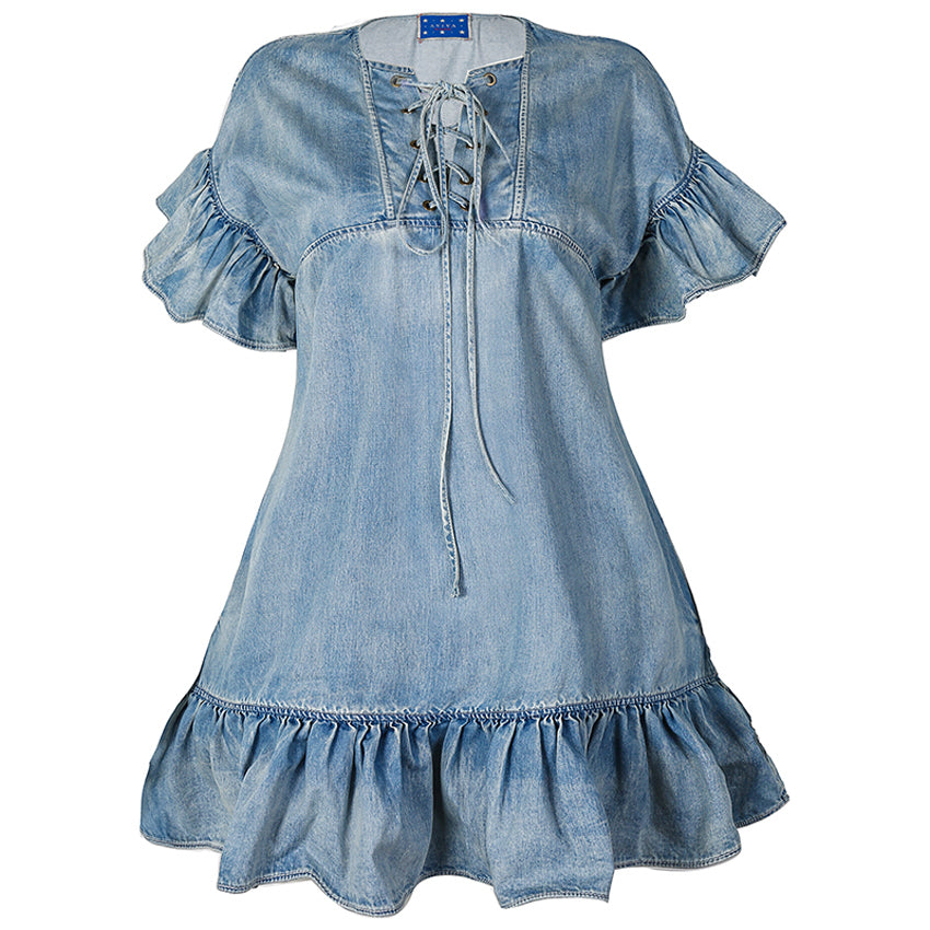 Aviva on Earth -Bandage Neck Ruffle Hem Denim Short Dress Vicky and Lucas Aviva on Earth -Bandage Neck Ruffle Hem Denim Short Dress Vicky and Lucas
