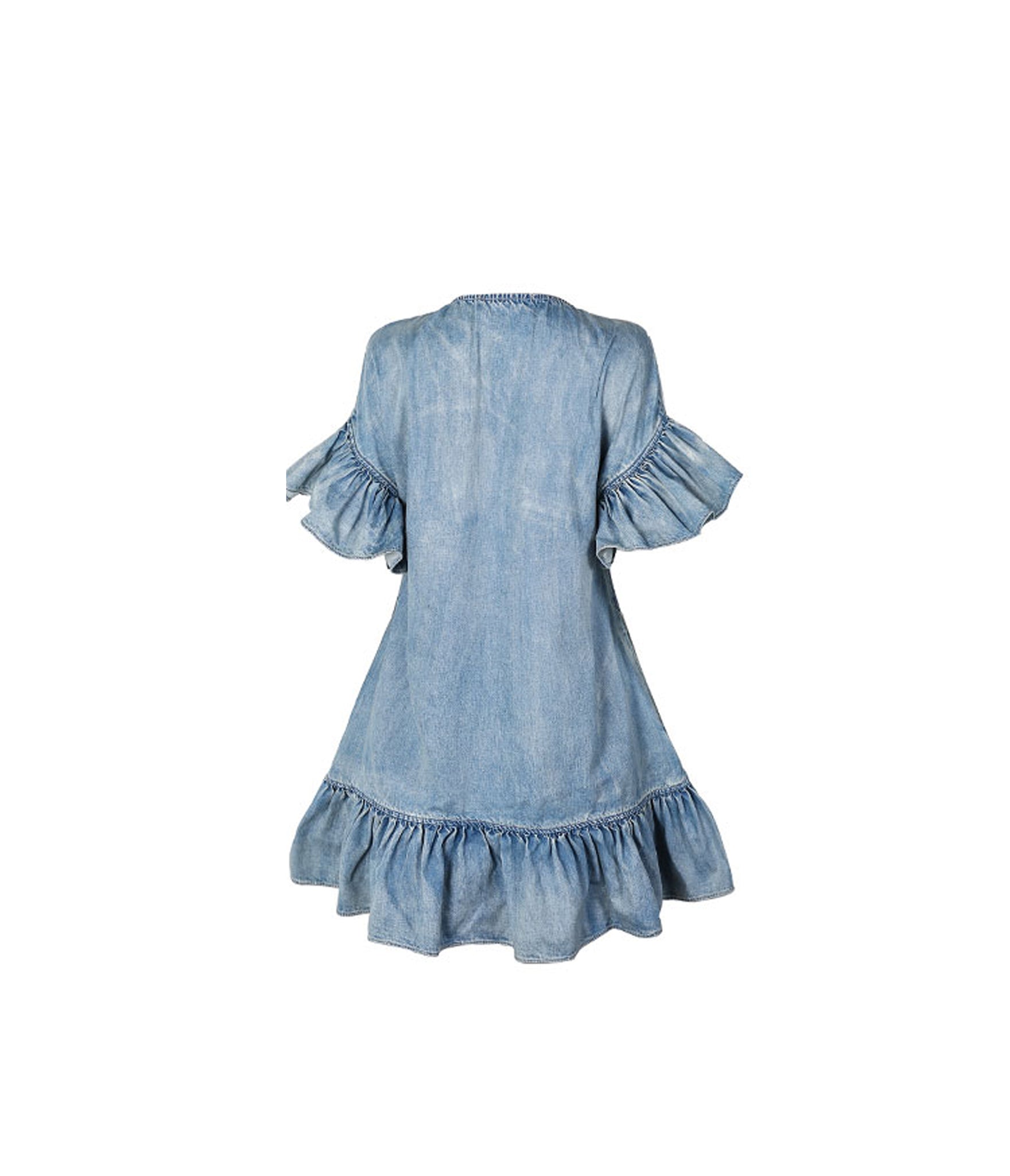 Aviva on Earth -Bandage Neck Ruffle Hem Denim Short Dress Vicky and Lucas Aviva on Earth -Bandage Neck Ruffle Hem Denim Short Dress Vicky and Lucas
