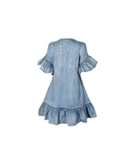 Aviva on Earth -Bandage Neck Ruffle Hem Denim Short Dress