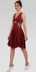 Cut-Out Front Embroidered Knee-Length Dress - Dk. Rust