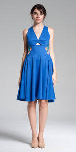 Cut-Out Front Embroidered Knee-Length Dress - Indigo