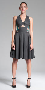 Cut-Out Front Embroidered Knee-Length Dress - Charcoal