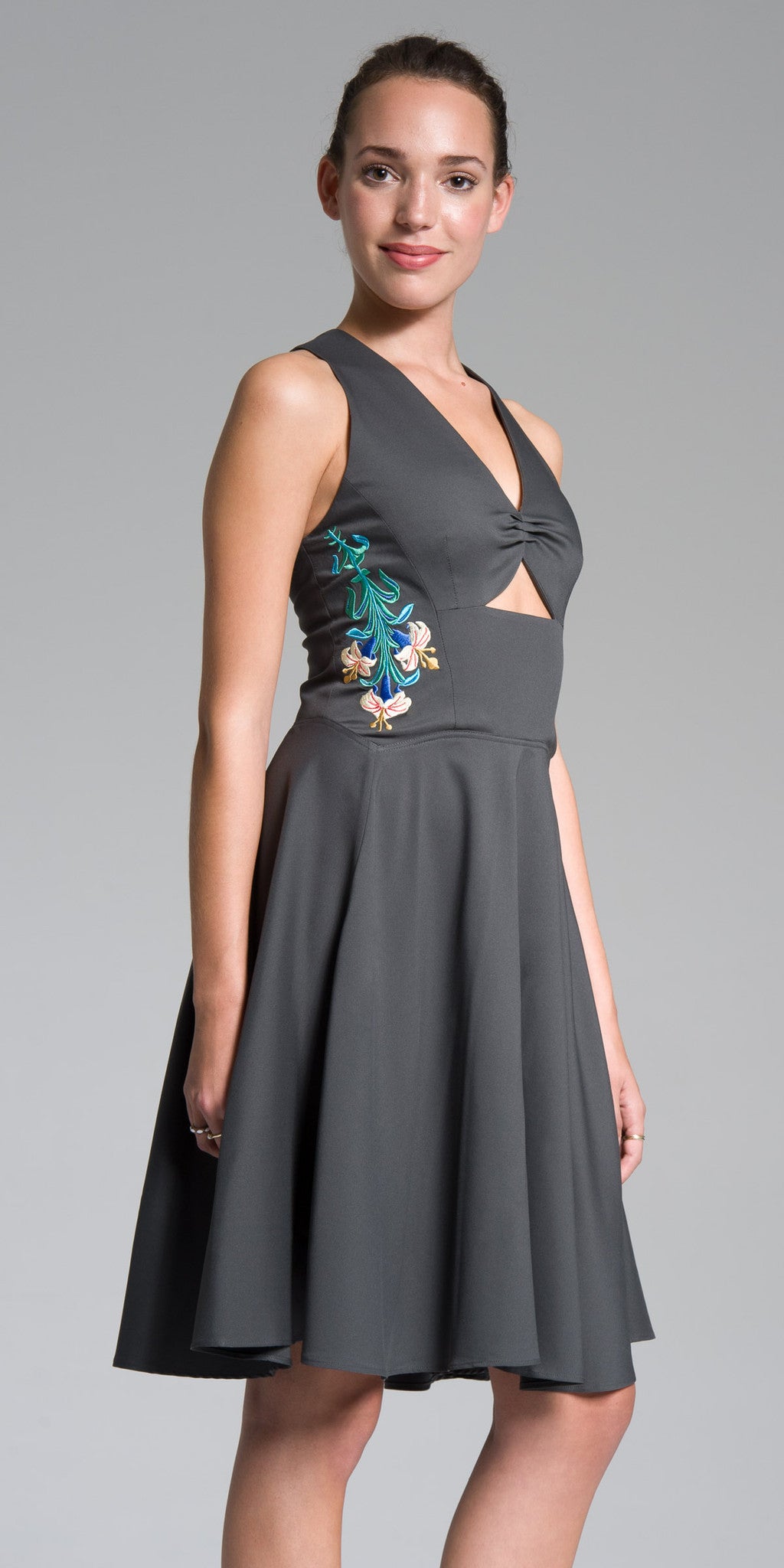 Cut-Out Front Embroidered Knee-Length Dress - Charcoal Vicky and Lucas Cut-Out Front Embroidered Knee-Length Dress - Charcoal Vicky and Lucas