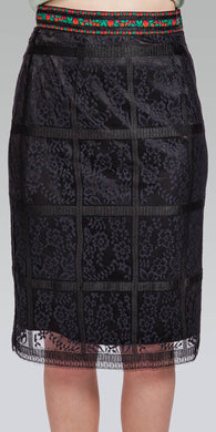 Jacquard Ribbon Band Knee-Length Border Lace Skirt - Black