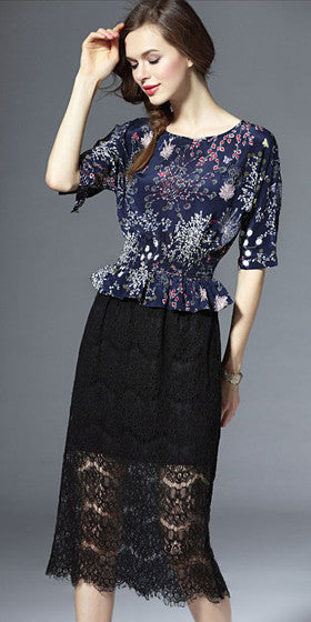 Silk Printed top and Lace skirt Dress  Vicky and Lucas